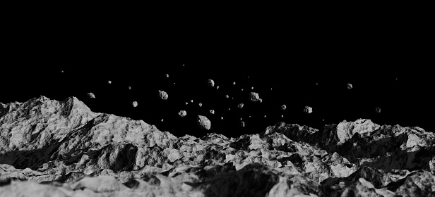 Space background. ground of meteorite rock, stone asteroid rough mountain surface light shadow float outer galaxy planet dark black white. Astronomy cosmos abstract. Wallpaper banner. 3D Illustration.