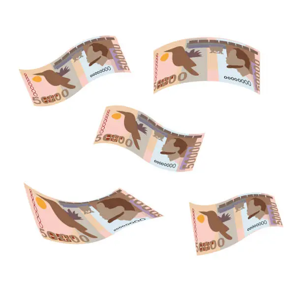 Vector illustration of Dobra Vector Illustration. São Tomé and Príncipe money set bundle banknotes. Falling, flying money 50000 Db. Flat style. Isolated on white background. Simple minimal design.