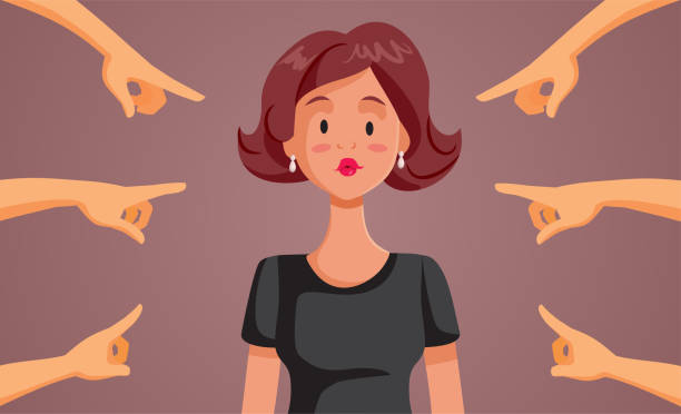 люди обвиняют молодую женщину, указывающую пальцами векторный мультфильм - patriarchy stock illustrations