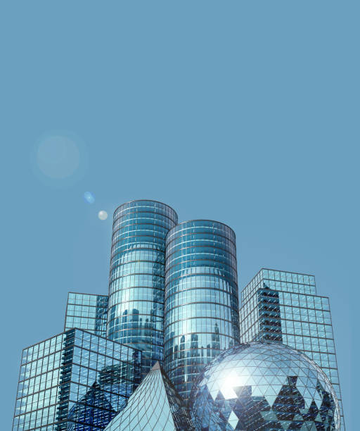 Modern style hi rise blue glass building exterior with blue sky for copy space 3d render stock photo