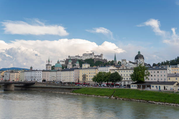 Views of Salzburg from the Marko-Feingold-Steg bridge stock photo