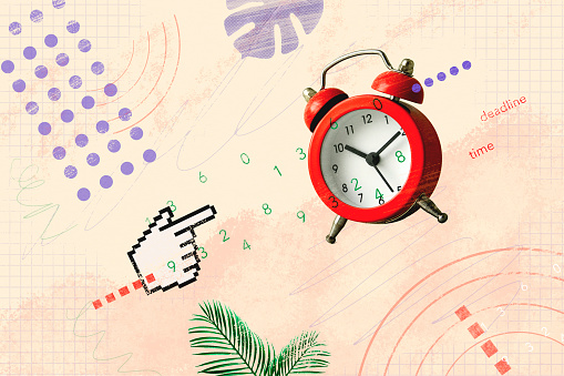 Creative trend collage old alarm clock and digital pixel mouse finger pointer. The concept of deadline time and old and new technologies. High quality photo