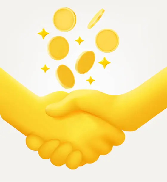 Vector illustration of Business partners shaking hands. Earn money business team concept with coins. 3d vector illustration isolated on white background