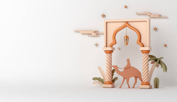 istock Islamic decoration background with window mosque, camel, crescent moon, ramadan kareem, mawlid, iftar, isra  miraj, eid al fitr adha, muharram, copy space, 3D illustration. 1462433918