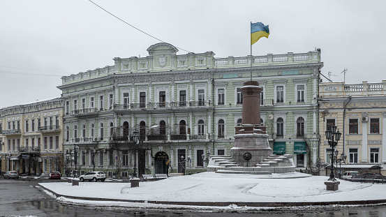 Odessa, Ukraine 29.01.2023. Catherine the Great  Monument pedestal in Odessa, Ukraine, on a gloomy winter day