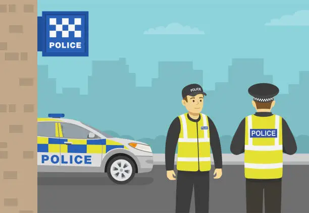 Vector illustration of British traffic police officers talking beside police station. Close-up view. Police station sign and police vehicle on the background.