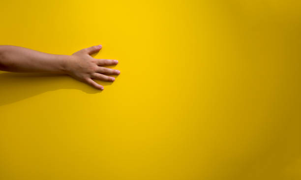 istock bright yellow wall background with girl hand 1462445676