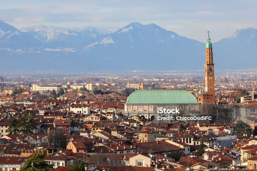 monument called BASILICA PALLADIANA in Vicenza city in Italy seen from above monument called BASILICA PALLADIANA in Vicenza in Northern Italy seen from above Vicenza Stock Photo