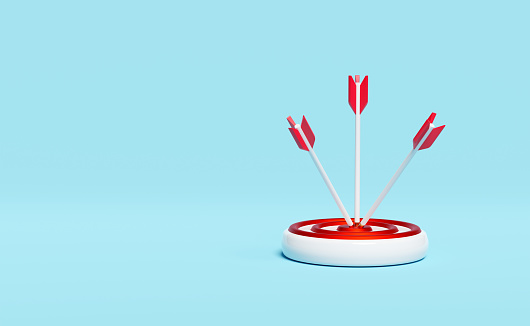 Objetivo blanco con dardos rojos o flecha aislada sobre fondo pastel azul, concepto de objetivo comercial, ilustración 3D o renderizado 3D photo