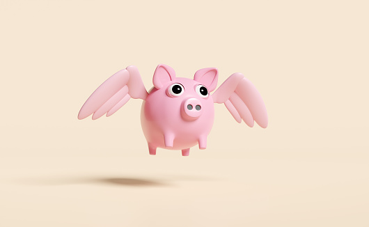 pink piggy bank with wings isolated on beige background.saving money concept,3d illustration or 3d render