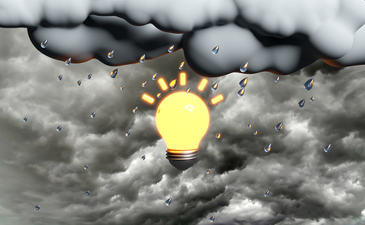 Cloud and rain with yellow light bulb,water splash in the rainy season isolated on grey sky background,tip idea concept, 3d illustration or 3d render