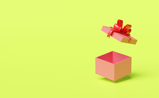 pink open gift box empty with red bow isolated on green background.christmas and new year day concept,minimal abstract,3d illustration or 3d render