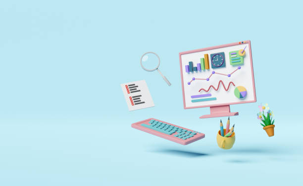 istock laptop computer with charts graph,analysis business financial data,magnifying glass,clipboard checklist isolated on blue background.Online marketing,business strategy concept,3d illustration,3d render 1462477790