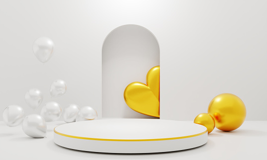 white Podium, a golden heart shape and silver ballon in the empty white showroom.3d rendering.