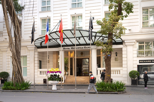 Hanoi, Vietnam, January 2023. external view of the Sofitel Legend Metropole Hanoi palace in the city center