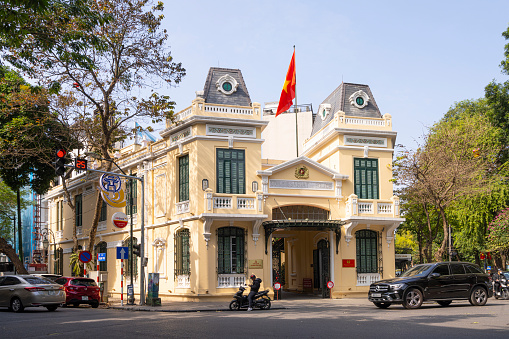 Hanoi, Vietnam, January 2023. exterior view of the Hoan Kiem District Police in the city centre