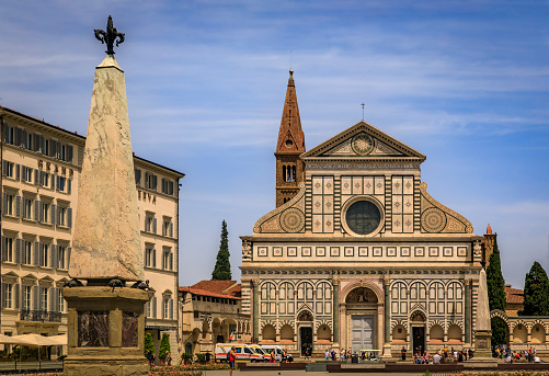 Aerial view of Florence's skyline at sunset. Santa Maria del Fiore and other famous buildings in Florence, Tuscany, Italy.