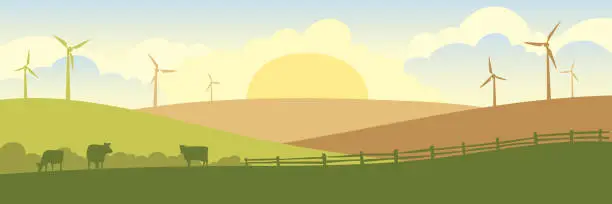 Vector illustration of Abstract rural landscape with cows and wind generator.