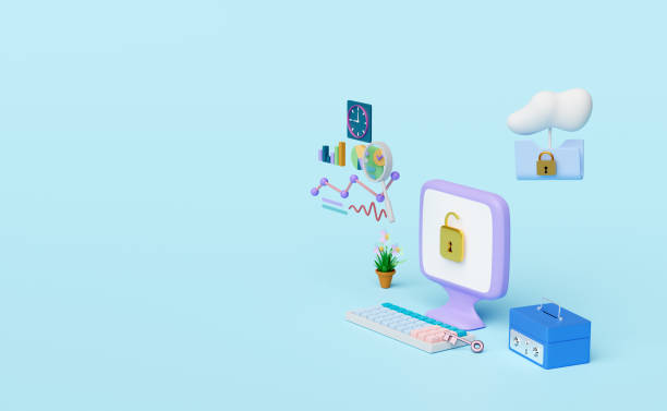 computer with charts graph,analysis business financial data,unlock,lock,cloud folder,safe box isolated on blue background.Online marketing,business strategy concept,3d illustration,3d render computadora con gráficos de tablas, análisis de datos financieros comerciales, desbloqueo, bloqueo, carpeta en la nube, caja fuerte aislada sobre fondo azul. marketing en línea, concepto de estrategia comercial, ilustración 3d, renderizado 3d