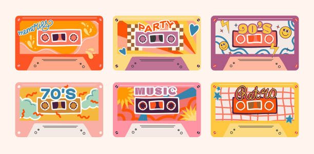 Collection of retro vintage audio cassettes with magnetic tape - hand drawn vector cassettes in 90s,80s,70s style, isolated on light background retro music cassettes mixtape stock illustrations