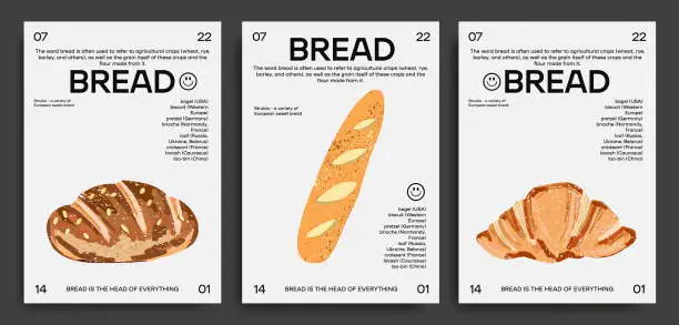 Vector illustration of Collection of trendy posters with bread products and fresh pastries on an isolated background.Baguette, croissant, bun. for printing, wall decor. abstract design, typography