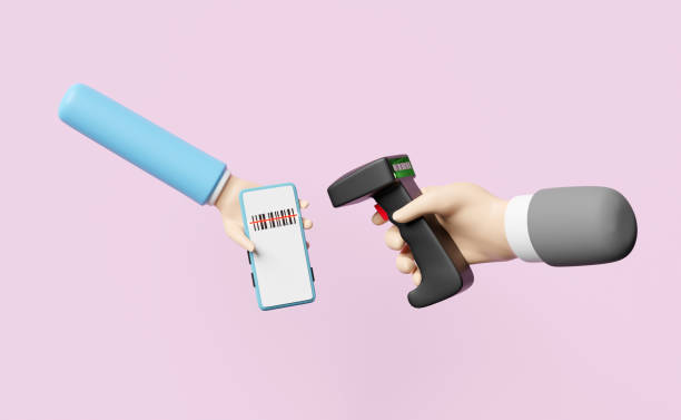 hands holding barcode scanner with mobile phone, smartphone isolated on pink background, 3d illustration or 3d render hands holding barcode scanner with mobile phone, smartphone isolated on pink background, 3d illustration or 3d render 3d barcode stock pictures, royalty-free photos & images