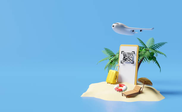 istock mobile phone, smartphone with lifebuoy, palms, beach chair, qr code scanning, plane, island  isolated on blue background. online shopping, summer travel vacation concept, 3d illustration, 3d render 1462516675