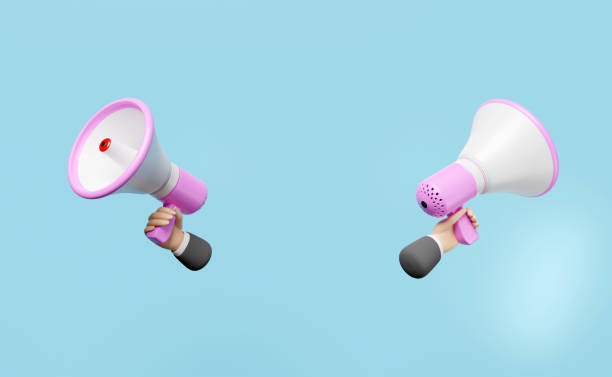 istock businessman hands holding pink megaphone or hand speaker isolated on blue background. Concept 3d illustration or 3d render 1462516904