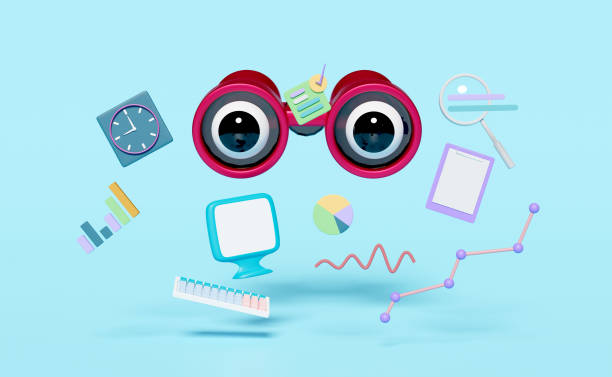 istock computer with charts graph, analysis business financial data, magnifying glass, binoculars, checklist isolated on blue background. marketing, business strategy concept, 3d illustration, 3d render 1462517469