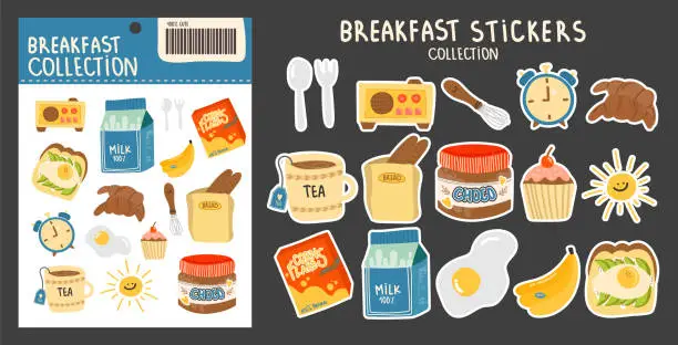 Vector illustration of Collection of stickers on the theme of breakfast. various fruits, berries, cheese, milk, scrambled eggs, banana, alarm clock, corn flakes, radio, sandwich and other bright elements on an isolated