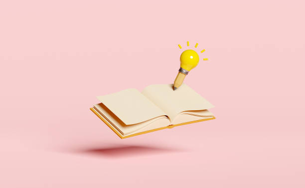 ピンクの背景に黄色の電球と鉛筆、開いた本。アイデアのヒント教育、知識はアイデアのコンセプト、最小限の抽象、3dイラスト、3dレンダリングを作成します - light bulb business wisdom abstract ストックフォトと画像