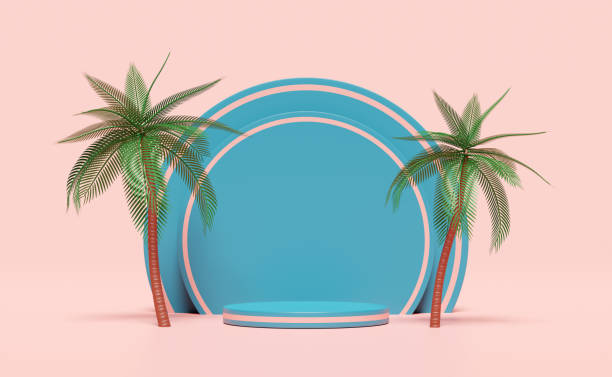 istock blue cylinder stage podium empty with coconut palm tree isolated on pink. modern stage display, minimalist mockup, abstract showcase background. Concept 3d illustration, 3d render 1462521266