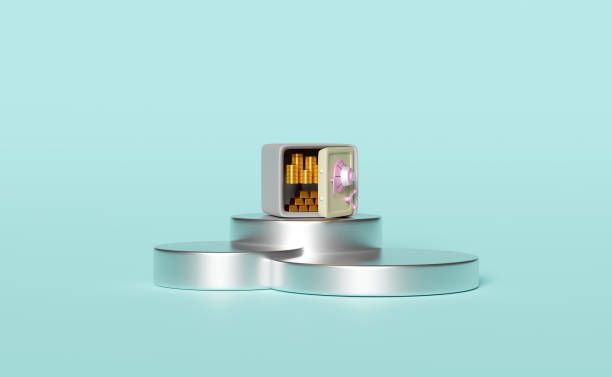 istock silver cylinder podium with open safe box, money coins stack  isolated on blue background. business banking concept, 3d illustration, 3d render 1462521361
