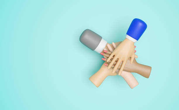 istock 3d business people their hands together isolated on blue background. cooperation, teamwork concept, 3d render illustration 1462521396