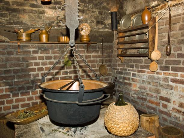 istock Old black pot in a kitchen with brick walls 1462526578