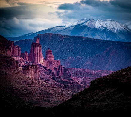 The Fisher Towers with La Sal Mountains in Utah, United States.