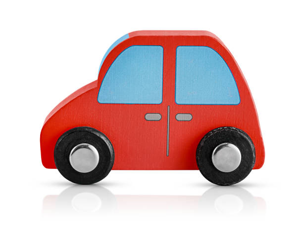 a small red car is isolated on a white background with shadow and reflection