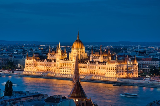 A distant view of the Hungarian Parliament Building at night, Budapest