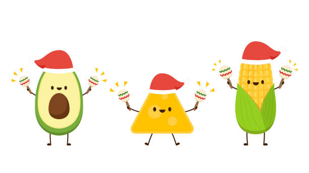 illustrazioni stock, clip art, cartoni animati e icone di tendenza di nacho con cappello messicano. nacho character design. design dei personaggi di avocado e mais. cappello messicano. - taco chips
