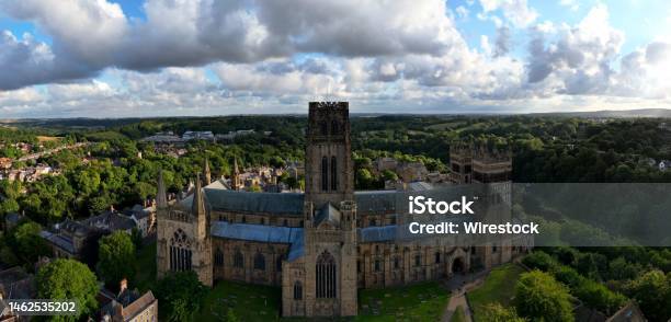 Aerial Panoramic View Of Durham Cathedral Surrounded By Lush Green Vegetation In Durham England Stock Photo - Download Image Now