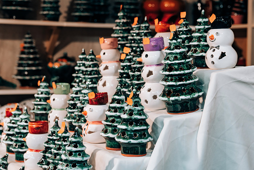Handcrafted ceramic souvenirs and decorations on stall at christmas market in Budapest, Hungary