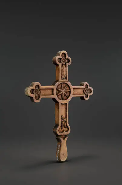 Wooden carved Cross of tailors guild in kety. Christianity. from side view, 3d Rendering, single object