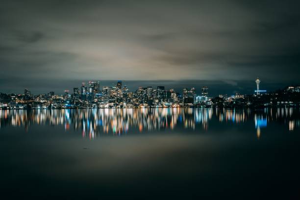 The Seattle skyline reflected in Lake Union at night