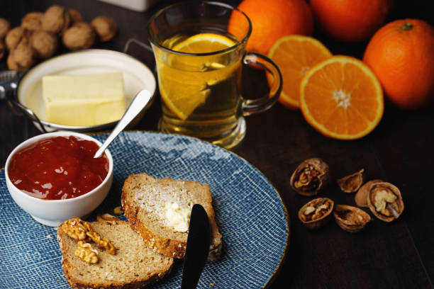 Set of morning breakfast on the white tablecloth, decorative breakfast conceptual.