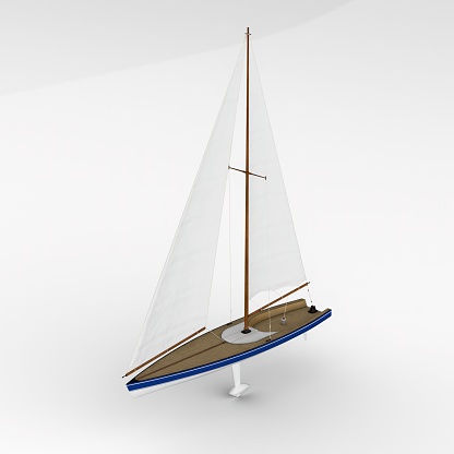 A 3D rendering of a wooden sailboat model with a long mast on light gray background