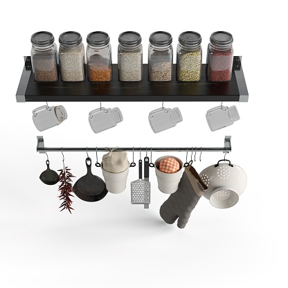 A 3D rendering of kitchen spice rack and mug holder with items isolated on white background