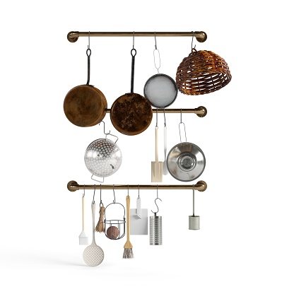 A 3D rendering of hanging rack with kitchenware isolated on white background