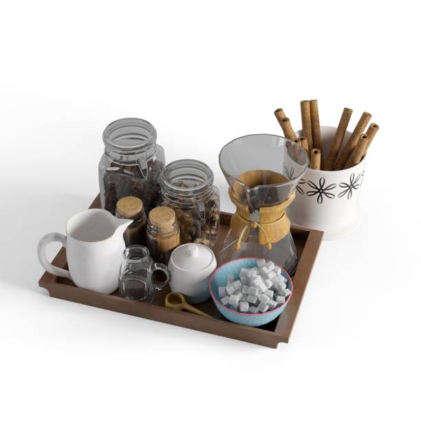 A 3D rendering of tea-making essentials on wooden tray isolated on white background