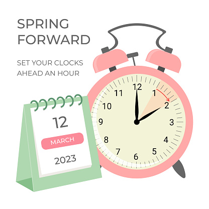 Spring forward time. Allarm clock and calendar. Vector illustration