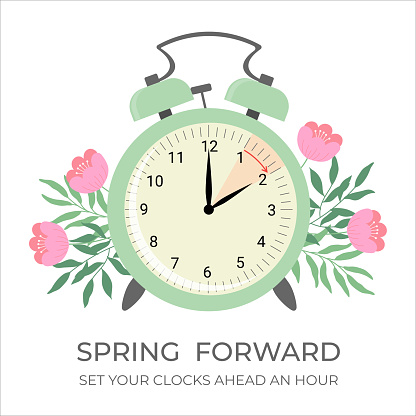 Spring forward time. Allarm clock with flowers and leaves. Vector illustration